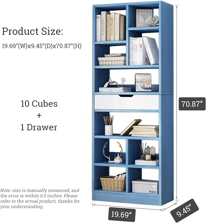 IOTXY Wooden Open Shelf Bookcase - 71 Inches Tall Freestanding Display Storage Cabinet Organizer with 10 Cubes and a Drawer, Floor Standing Bookshelf in Bright Blue