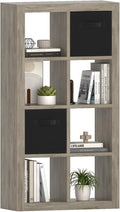 furtble Bookshelf with Storage Bins, 8-Cube Storage Organizer, Modern Wood Open Bookcase, Multifunctional Display Shelf for Living Room, Bedroom, Home Office, Gray Oak