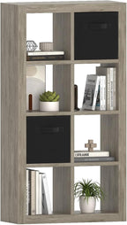 furtble Bookshelf with Storage Bins, 8-Cube Storage Organizer, Modern Wood Open Bookcase, Multifunctional Display Shelf for Living Room, Bedroom, Home Office, Gray Oak