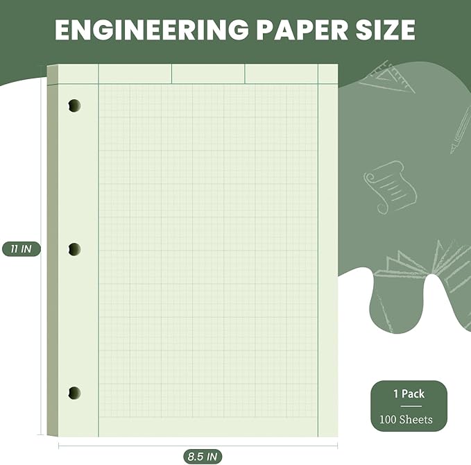 Engineering Paper 8.5 x 11, 100 Sheets Top Glue Binding Engineering Notebook, 5x5 Quad Ruled Graph Paper, 3-Hole Punched Engineering Computation Pad 8.5 x 11, Green Tint Engineering Paper Notebook