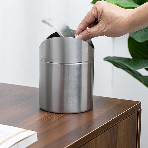 Chemlliy Mini Trash Can, Tiny Desktop Trash Bin with Swing Lid, Stainless Steel Bathroom Countertop Garbage Cans Kitchen Waste Bins with Trash Bag