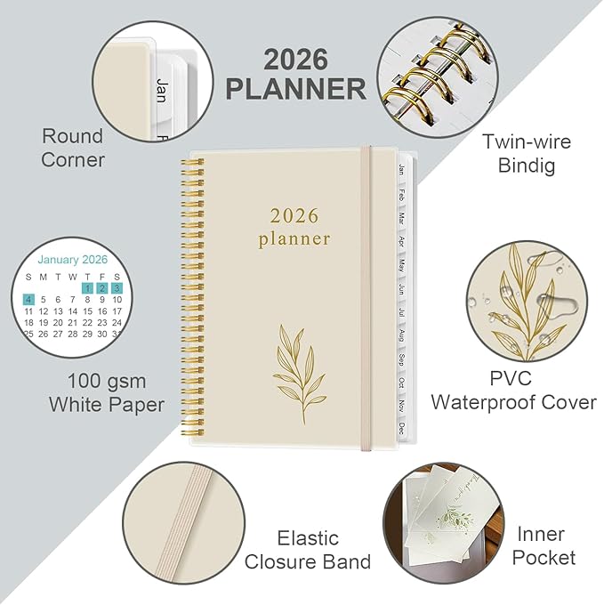 2026 Planner - Planner 2026 from January 2026 to December 2026 with 12 Monthly Tabs, Flexible Cover, Inner Pocket, 8.5" x 11", Beige