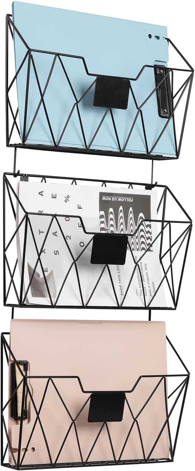 YBING Hanging Wall File Organizer Wall File Holder 3 Pockets Wall-Mounted File Rack with Hooks Wall-Mounted Paper Organizer Metal Hanging Storage for Office Living Room, Black (3 Pack - Black)