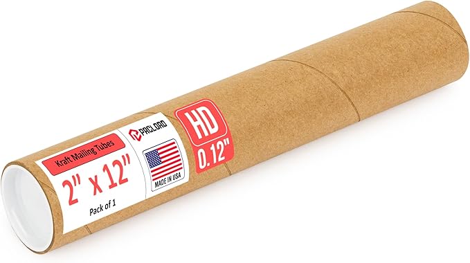 Paclord 2" x 12" Heavy-Duty Reinforced Cardboard Mailing Tube, Pack of 1 Tube with 2 Caps – Secure USPS Approved – Great for Shipping and Storing of Prints, Artwork, Posters or Documents