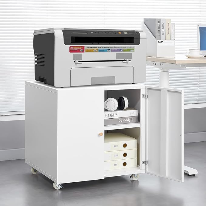 Zateety Metal Printer Stand with Storage Mobile Printer Tables for Small Spaces with Door Adjustable Shelf File Cabinet on Wheels for Home Office