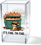Vgrti It's Fine I'm Fine Acrylic Cosmetic Pencil Pen Holder Cup, Funny Raccoon Dumpster Fire Pen Holder Cup, Raccoon Lover Gifts for Women Men, Office Sarcastic Gifts for Women Men Colleague Boss