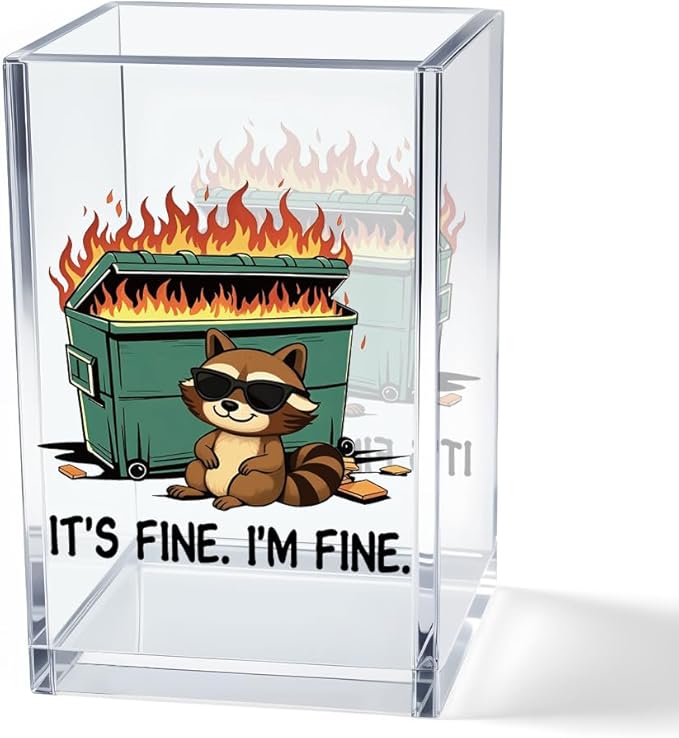Vgrti It's Fine I'm Fine Acrylic Cosmetic Pencil Pen Holder Cup, Funny Raccoon Dumpster Fire Pen Holder Cup, Raccoon Lover Gifts for Women Men, Office Sarcastic Gifts for Women Men Colleague Boss