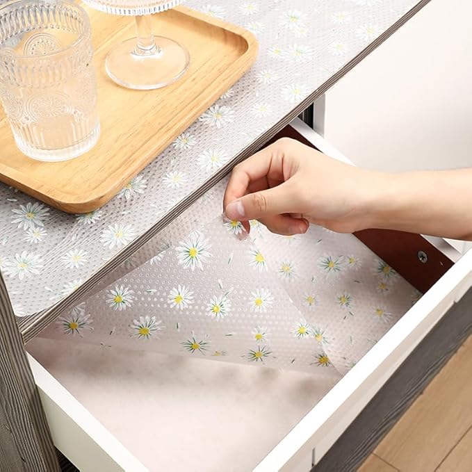 Daisy Flower Shelf Liner for Kitchen Cabinets, Non-Adhesive Drawer Liners, Non-Slip Refrigerator Mat, Washable EVA Cabinet Liner for Pantry, Fridge, Closet, Cupboard, 17.7" x 20 FT