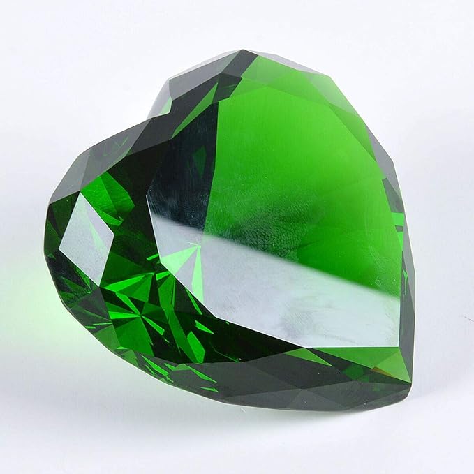 Zoogamo 3” /80 mm Dark Green Diamond Heart Shaped Glass Crystal Paperweight – Home Office Decor & Wedding Favors Decoration with Gift Box