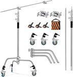 Soonpho Adjustable 10ft/3.3m Heavy Duty Light Stand with Boom Arm and Wheels,100% Stainless Steel Reflector C-Stand with Grip Head & Sandbag &Clamps,for Studio Video Reflector,Monolight,Softboxes