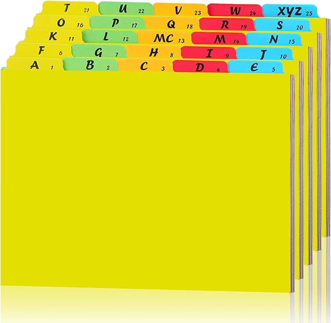 Noveread 1 Set 25 Alphabet File Dividers A-Z Tab Letter Size 1/5 Cut Tab Positions Alphabetical Number File Folder Organizer Guides Cabinet and Desk Dividers for School Office (Yellow)