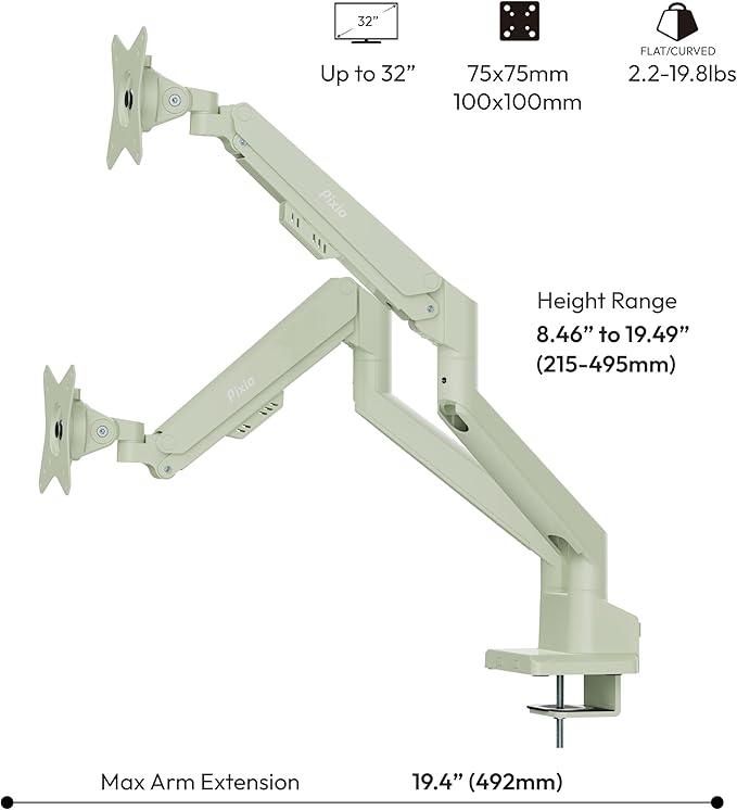 Pixio PS1D Wave Mint Green Dual Monitor Arm Stand Desk Mount - Fits up to 32 inches Monitors and up to 19.8lbs. VESA Compatibility and Integrated Cable Management