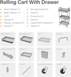 Sorgion 3 Tier Rolling Cart Organizer,Laundry Room Bathroom Organizers and Storage Office Shelves Mobile Shelving Unit Kitchen Trolley Cart with Wheels for Art,Craft,Diaper,Bedside,Snack(Grey)