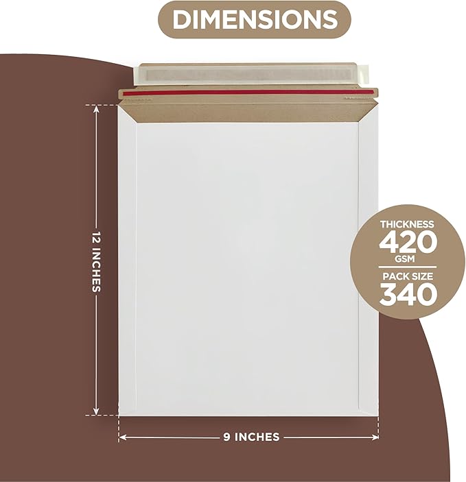 340 Pack 9x12 Inches Rigid Mailers – Self Adhesive White Cardboard Mailers – Mailing Supplies for Documents, Photos, CDs, Magazines, and Literature