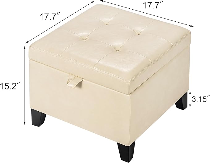 Asense 17 Inch Faux Leather Ottoman with Storage, Square Ottoman Footstool Upholstered Footrest for Couch Entryway Bedroom Living Room, Beige
