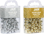 JAM PAPER Colorful Push Pins - Round Head Map Thumb Tacks - Silver & Gold Pushpins - 2 Packs of 100