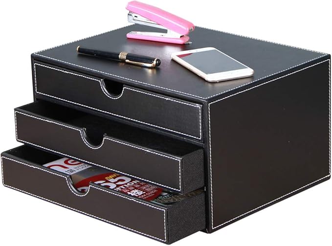 RHCSZ High-end PU Leather Desk Organizer File Cabinet Executive Office Supplies Desktop Filing A4 File Cabinet Stackable Storage Organizer Box with 3 Drawers (Black)…