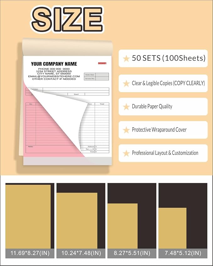 Custom Carbonless Invoice Book with Logo, Personalized Cover & Inner Pages, 2 Part NCR Receipt & Work Order Forms, Easy Tear, Writing Shield for Small Business (2-Part [White/Red], 8.3 x 5.5INCH)