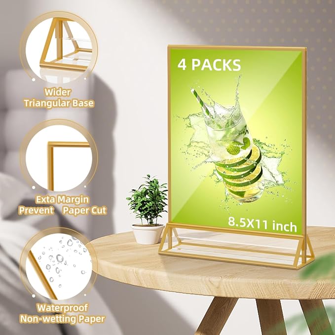 PPH-Sisy Acrylic Sign Holder 8.5 x 11, Double Sided Clear Display Stand, Gold Flyer Holder 8.5 x 11 for Home Office Shop Restaurant 4 Pcs