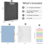 SKYDUE Clipboard Binder with Dividers,1 Inch 3 Ring Binder with Clipboard on Front for Organizer, Clipboard Folder with Pocket, Labels Office Supplies Gray
