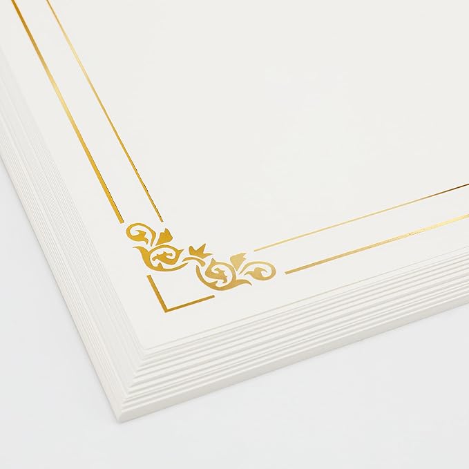 50 Sheets Gold Foil Border Certificate Paper, 8.5 x 11 Inch Letter Size, for Printing, Diploma Paper, Award, Document Cardstock Paper, Inkjet Printer Compatible