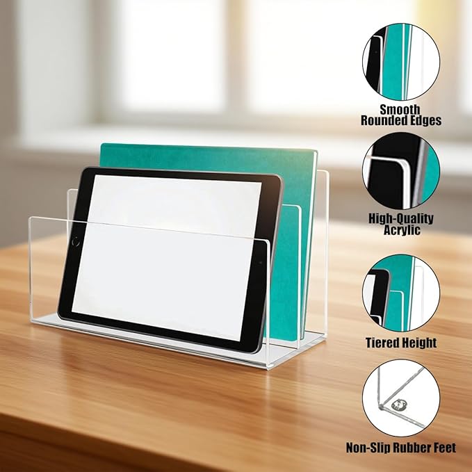 Vankcp 1 Pcs Acrylic Mile Sorter for Desk, 2 Upright Compartments Desk Mail Organizer, Acrylic Mail File Organizer Sorters for Envelope Paper Document, Clear Files Sorter for Office Home, Vertical