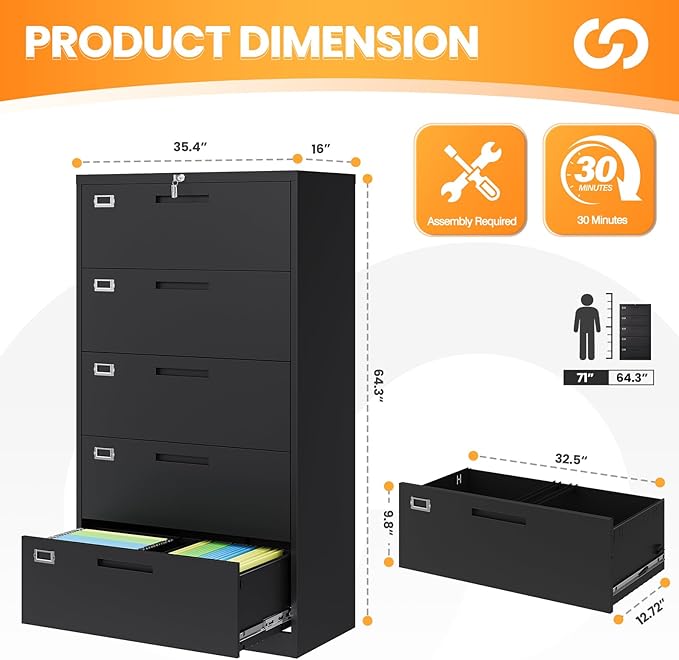 AFAIF 5 Drawer File Cabinets for Home Office, Metal Filing Cabinet with Lock, Black Locking File Caninet Five Drawer, Office Storage Caninets Steel Cabnet for Letter/Legal/A4/F4-Assembly Required