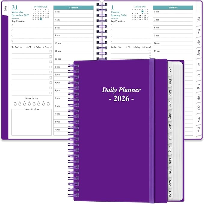 Daily Planner 2026 Full Page Per Day- 2026 Daily & Monthly Planner from January 2026 to December 2026, Day Planner 2026 with 12 Months Tabs, 6.4" x 8,5", Purple