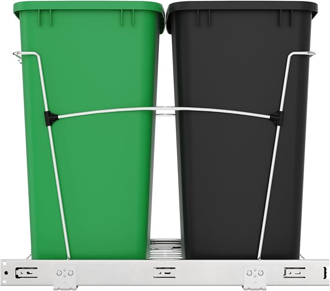 Rev-A-Shelf RV-18KD-1918C-S Double Pullout Trash Can for Kitchen Cabinets 35 Quart Garbage Recycling Bin Container on Full Slides, Green/Black