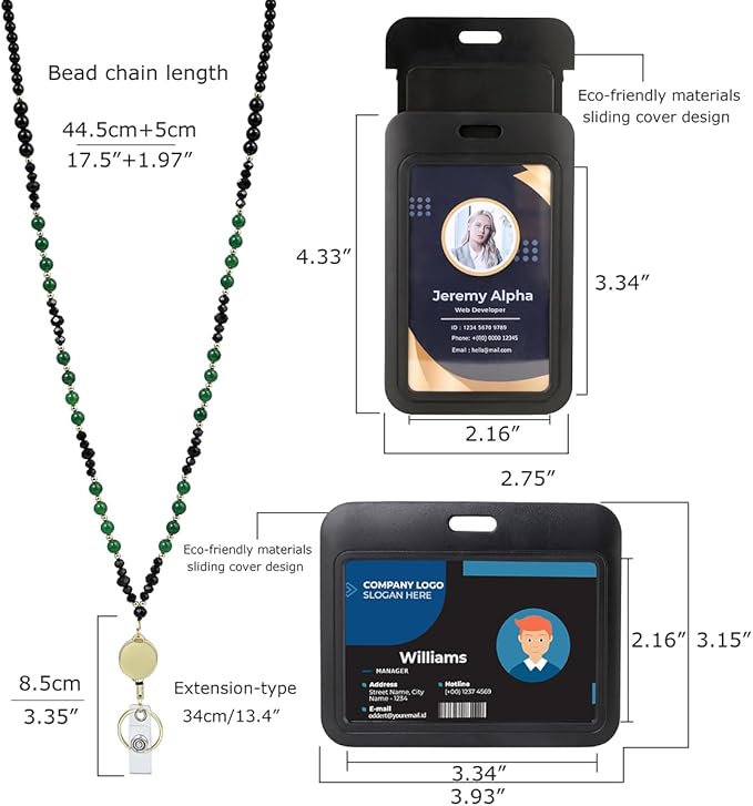 AIDSOTOU Lanyards for ID Badges and Keys,Natural Stone Beaded Teacher Lanyard for Women,Retractable Lanyard with ID Holder Cute Lanyards for Teachers (Black)