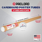 Paclord 3" x 72" Heavy-Duty Reinforced Cardboard Mailing Tube, Pack of 4 Tubes with 8 Caps – Secure USPS Approved – Great for Shipping and Storing of Prints, Artwork, Posters or Documents