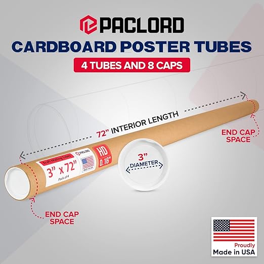 Paclord 3" x 72" Heavy-Duty Reinforced Cardboard Mailing Tube, Pack of 4 Tubes with 8 Caps – Secure USPS Approved – Great for Shipping and Storing of Prints, Artwork, Posters or Documents
