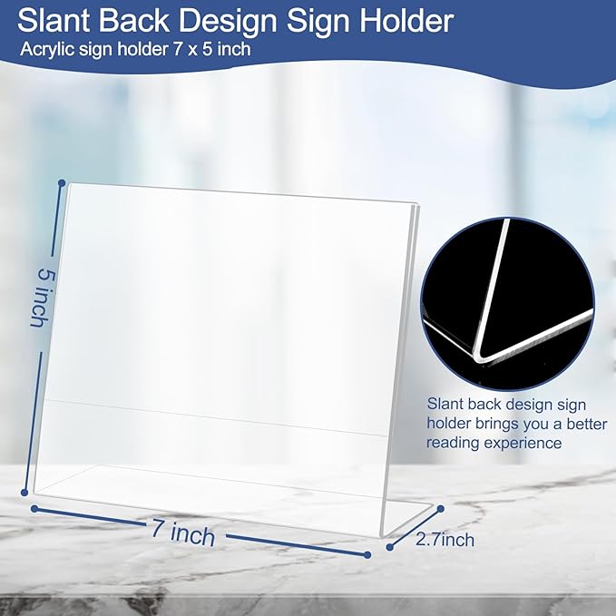 Wbtran Slanted Back Acrylic Sign Holder 5 x 7 Horizontal, Clear Tabletop Acrylic Stands for Display 7 x 5, Plastic Paper Sign Holder for Office, Home, Restaurant (6 Pack 7x5 Inches)