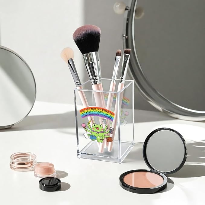 Vgrti You Are Not Superhuman Acrylic Cosmetic Pencil Pen Holder Cup, Boho Cute Frog Desk Organizer Accessory for Home Office Decor, Frog Lovers Gifts, Funny Sarcastic Work Gifts for Women Men Coworker