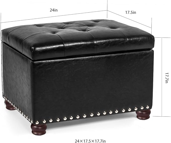 Decent Home 24'' Leather Storage Ottoman Rectangular Foot Rest Stool with Nailhead Trim Chests & Storage Room Organizer for Bedroom Living Room(Black)