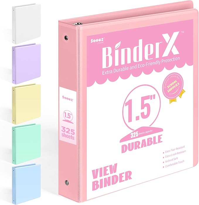 BinderX Extra Durable 1.5 Ring Binder, Round Ring 1.5 Inch Binders, Fits 325 Sheets of 8.5x11 Paper, Customizable View Cover with Inside Pockets, Cute 1.5" Binder, School Supplies for Girls, Pink