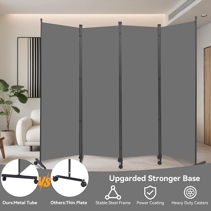 Room Divider (4 Panel) Wall Divider for Room Separation, 88 inch Wide Portable Privacy Screens W/Wheels, Metal Frame Freestanding Room Separators 5.6FT Room Partitions and Dividers