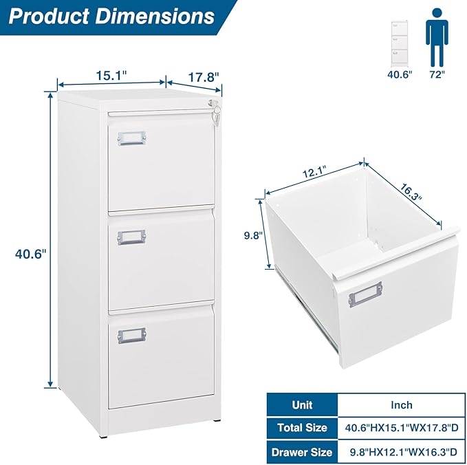 PEUKC 3-Drawer File Cabinet with Lock, 16.3" Deep Vertical Filing Cabinets, Metal File Cabinets for Home Office, Anti-Tip 3 Storage Drawers for Letter/Legal/A4/F4 Size (Assemble Required, White)