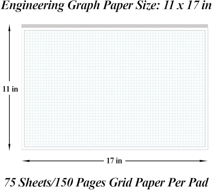 Yaridar (3-Pack) Engineering Graph Paper Pad - 17" x 11" Grid Paper for Engineering, Drafting, Blueprint Drawing, 75 Sheets/150 Pages 4x4 Blue Quad Rule by Better Office Products