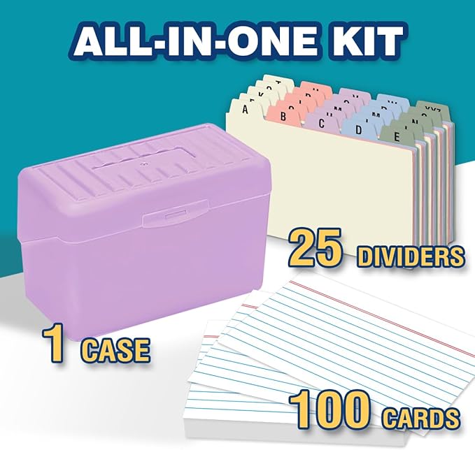 H4D 3x5 Index Card Holder with 100 Heavyweight Ruled Index Cards and 25 Plastic Dividers, Light Purple