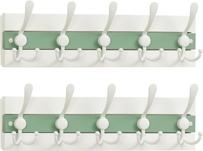 SKOLOO Coastal Wall Mounted Coat Rack - 16-7/8" Beach House Entryway Wooden Coat Hook with 5 Hooks for Hanging Coats, Hats or Towels, Oceanfront Cottage Core Collection, White & Green, Pack of 2