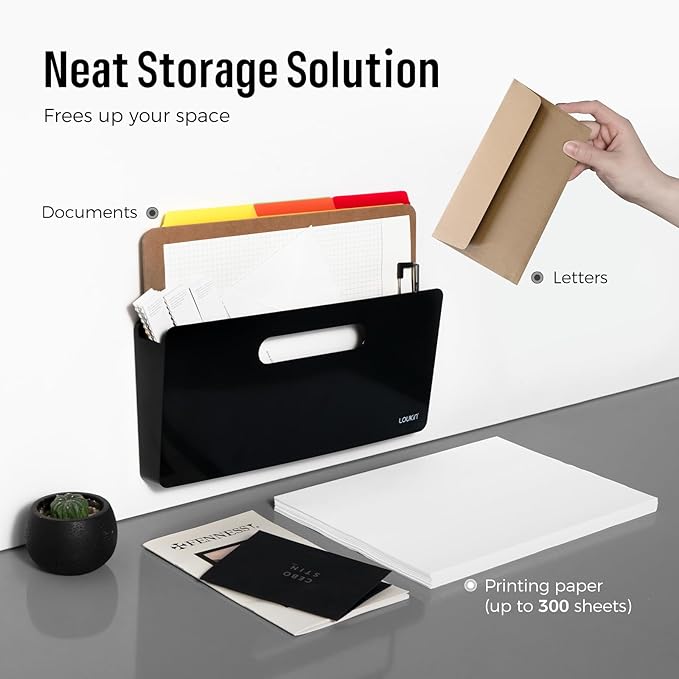 loukin Magnetic File Holder - Vertical Wall Mount Organizer for Whiteboard, Refrigerator, Office Wall, Documents, Letters (Black)