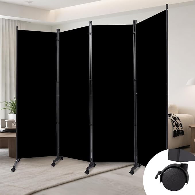 Room Divider (4 Panel) Wall Divider for Room Separation, 88 inch Wide Portable Privacy Screens W/Wheels, Metal Frame Freestanding Room Separators 5.6FT Room Partitions and Dividers