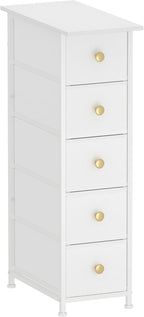 GiftGo Narrow Dresser Cabinet Vertical Slim Dresser Chest of Drawers Skinny Storage Tower for Small Spaces Gaps Closet Bedroom Bathroom Small Fabric Drawer Unit (White, 5 Drawers)