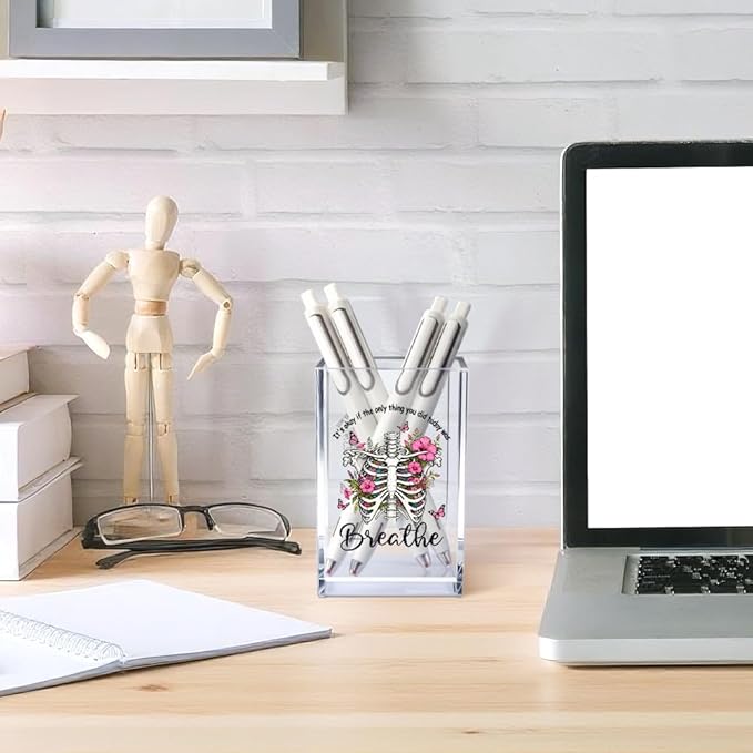 Vgrti It's Okay Only Breathe Acrylic Cosmetic Pencil Pen Holder Cup, Skeleton Desk Organizer Accessories for Office, Inspirational Gifts for Women Girl Coworker Therapist Teacher Respiratory Doctor