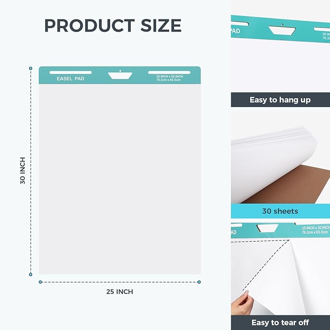 FAHKNS Sticky Easel Pad，Large 25x30 Inch Self-Adhesive Teacher'S Flip Chart Paper, Easel Pad with Dry Erase Surface for Classroom/Office, White, 30 Sheets/Pad, 6 Pads/Pack