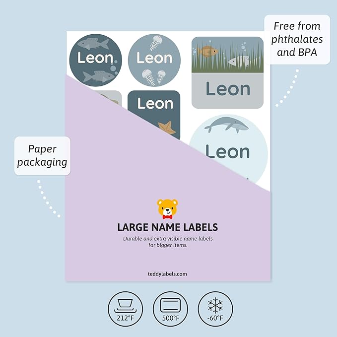 Large Name Labels for Kids (33) - Custom Stickers for Daycare and School Supplies - Durable, Waterproof Stickers for Water Bottles, Lunch Boxes, and More with Unique Designs - The Sea