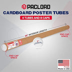 Paclord 2" x 48" Heavy-Duty Reinforced Cardboard Mailing Tube, Pack of 4 Tubes with 8 Caps – Secure USPS Approved – Great for Shipping and Storing of Prints, Artwork, Posters or Documents