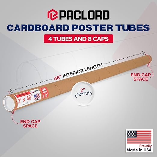 Paclord 2" x 48" Heavy-Duty Reinforced Cardboard Mailing Tube, Pack of 4 Tubes with 8 Caps – Secure USPS Approved – Great for Shipping and Storing of Prints, Artwork, Posters or Documents