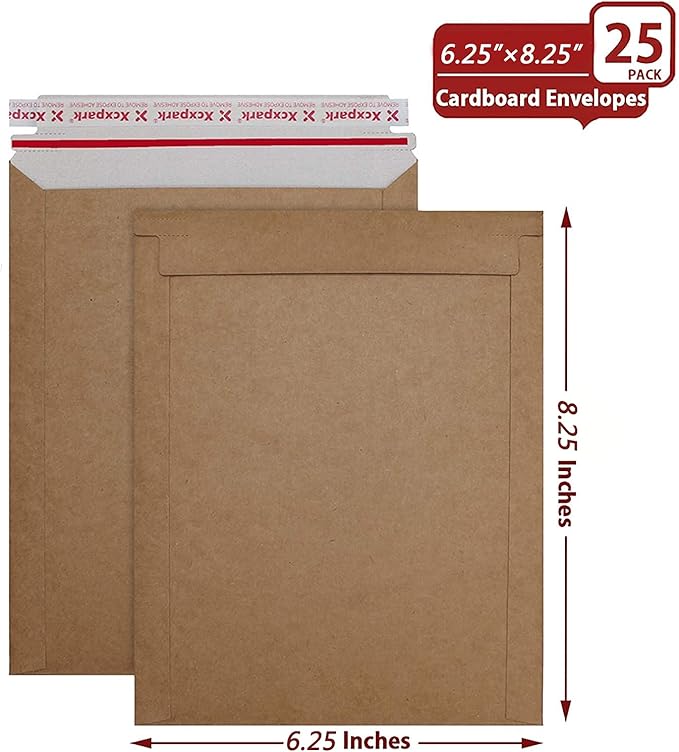 Xxcxpark 25 Pack Brown Kraft Rigid Mailers, 6.25 x 8.25 inches Self Seal Photo Document Mailers Premium Cardboard Keep Flat Envelopes for Photos, Pictures, Papers, Files, CD